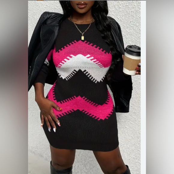Women's Long Sleeve Chevron Pattern Sweater Dress Oversize Top Cozy Size XL - Picture 2 of 11